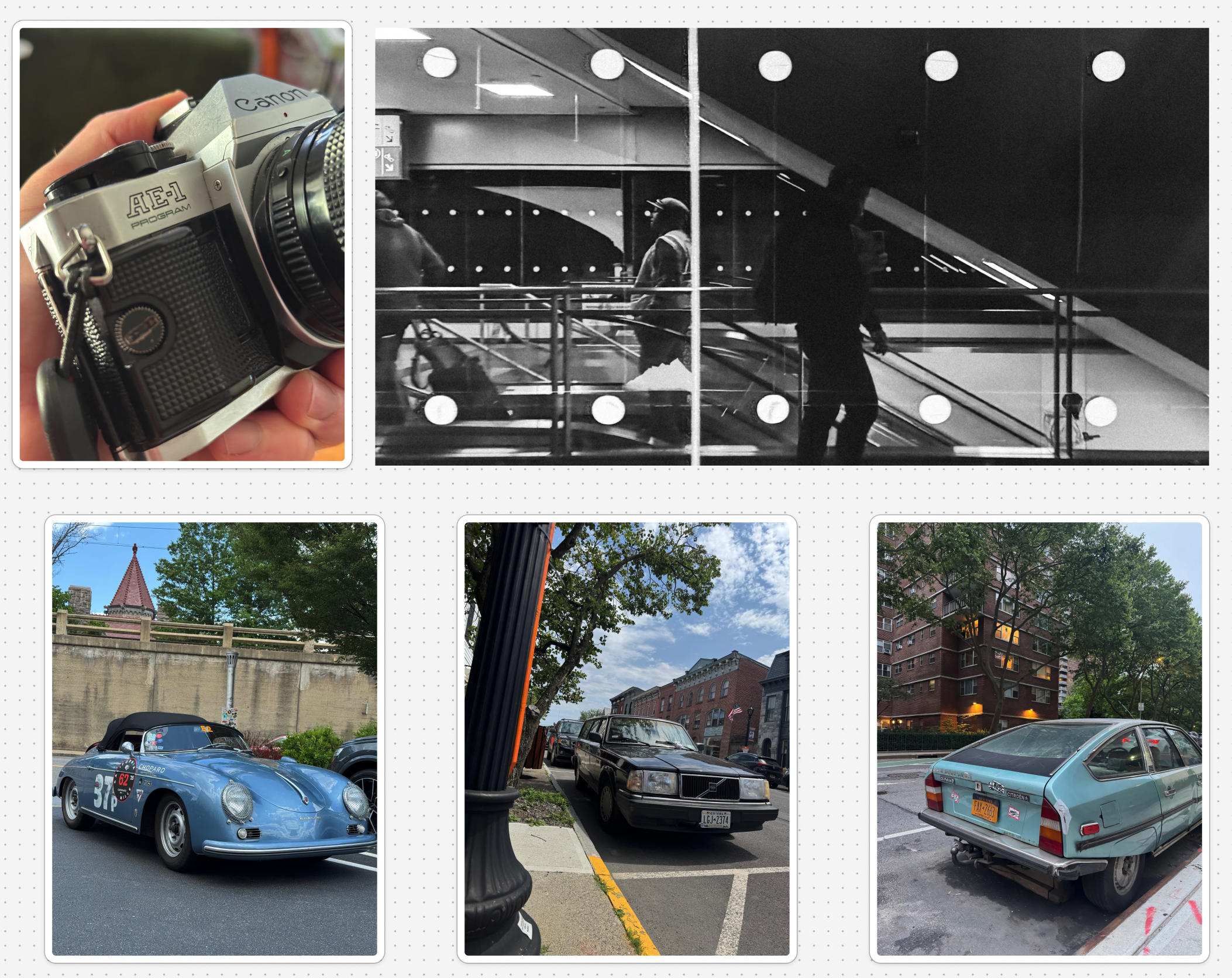series of images includes: canon ae-1 camera, abstract reflection selfie, blue porsche speedster, old volvo wagon, and a light blue citroen